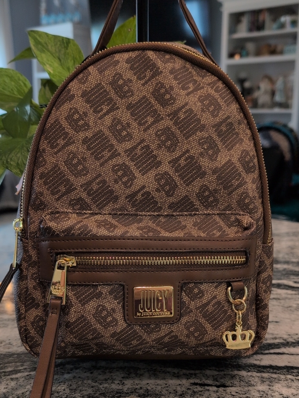 Juicy Couture Brown Monogram Mini Backpack with Gold Accents